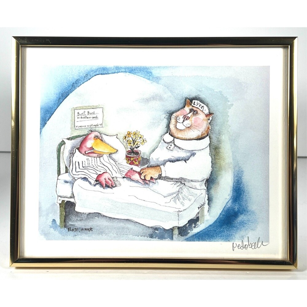 Whimsical Cat Nurse & Bird Signed Art Print Don Nedobeck Parody Framed Animals